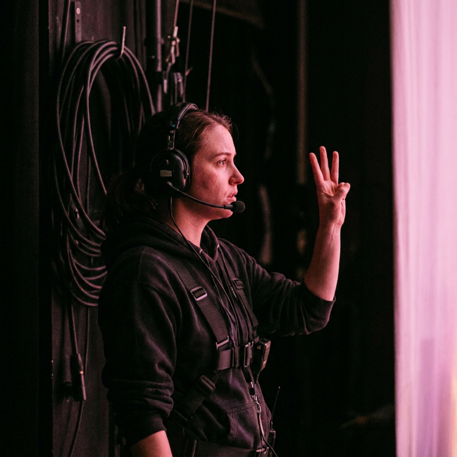 A stage manager in a headset counting down in the wings, glow of the stage on her face