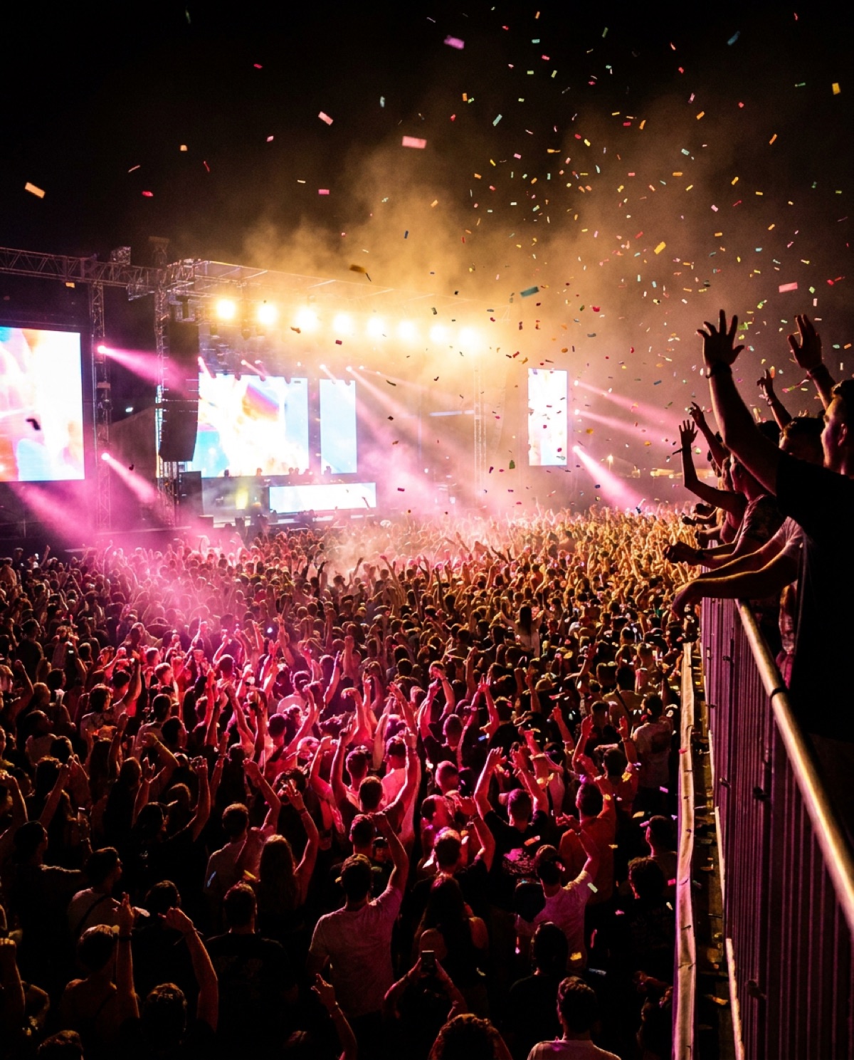 Festival crowd from above at night, confetti in the lights, a sea of raised hands