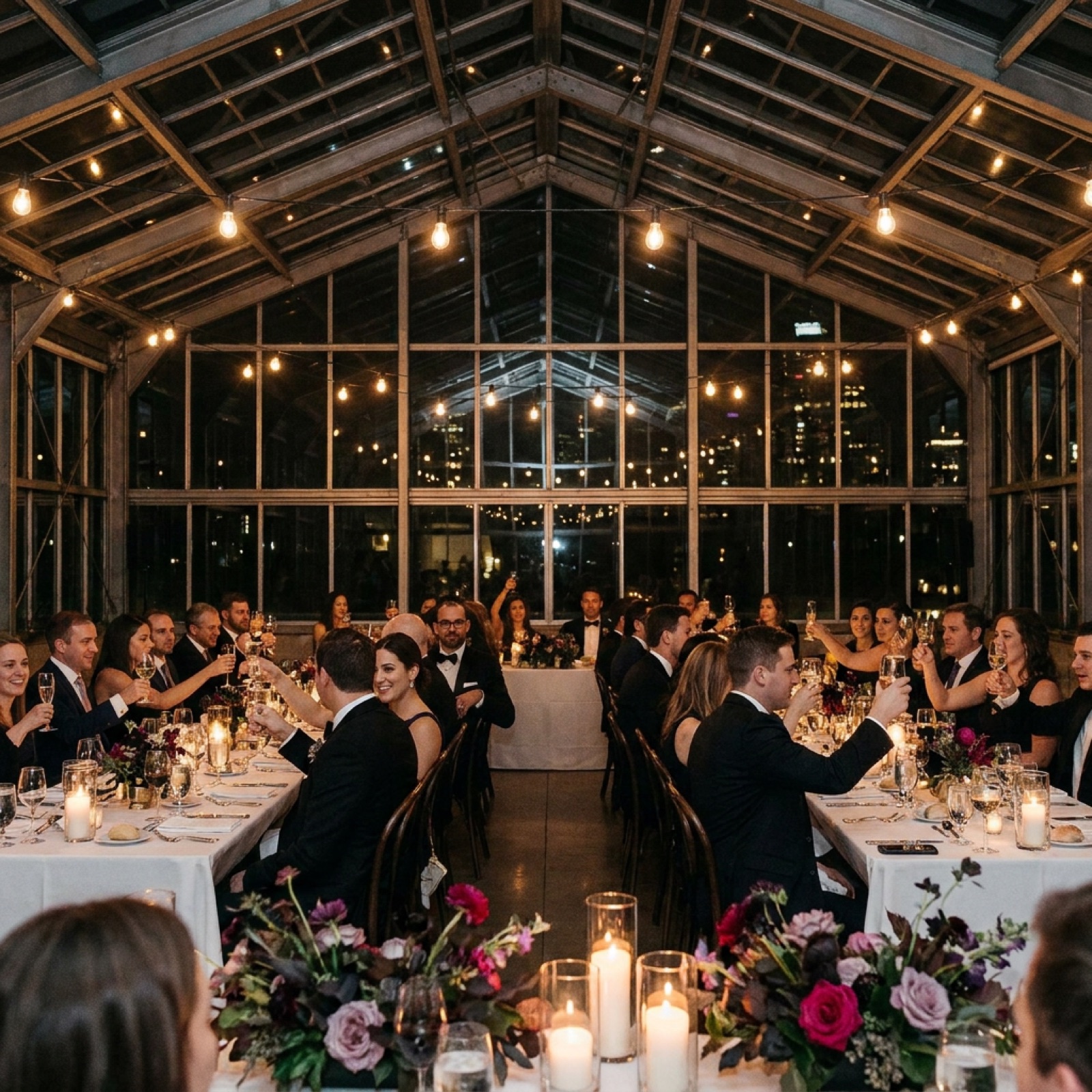 Long gala tables under strings of warm bulbs, candlelight, guests mid-toast