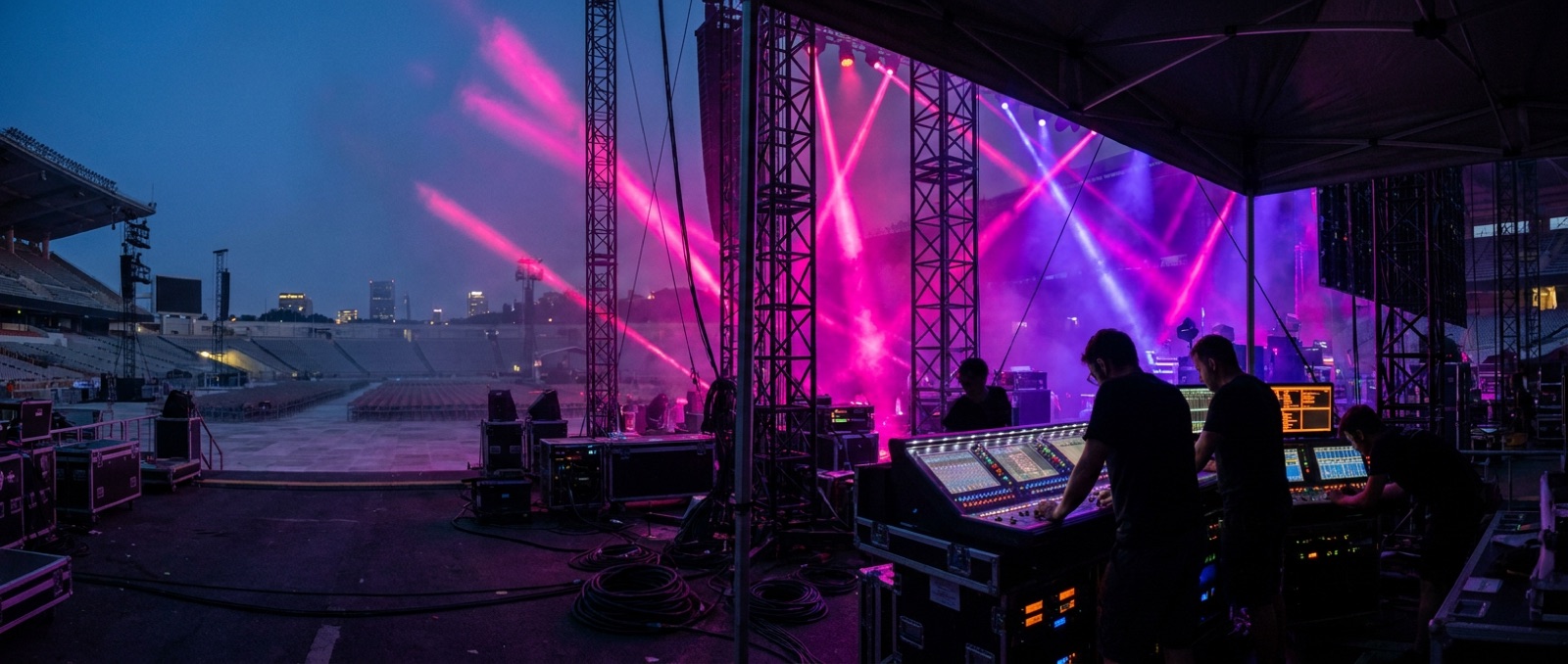 A festival main stage at dusk, haze in the lights, a crowd of thousands silhouetted against magenta and violet beams
