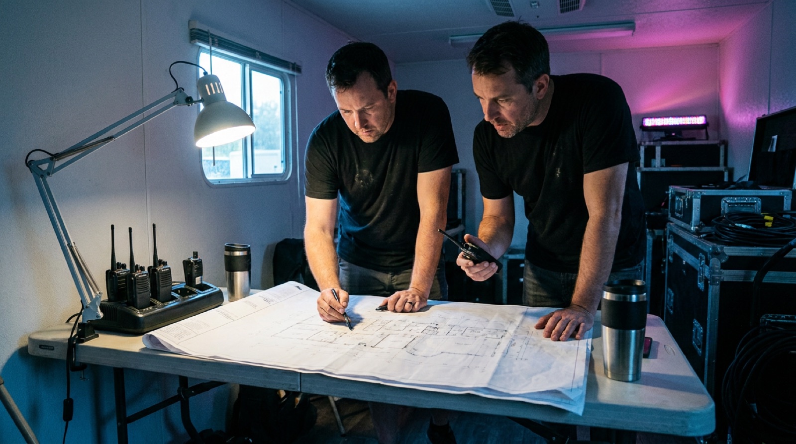 A production office at dawn, printed run sheets, radios charging, coffee, two crew reviewing a floor plan