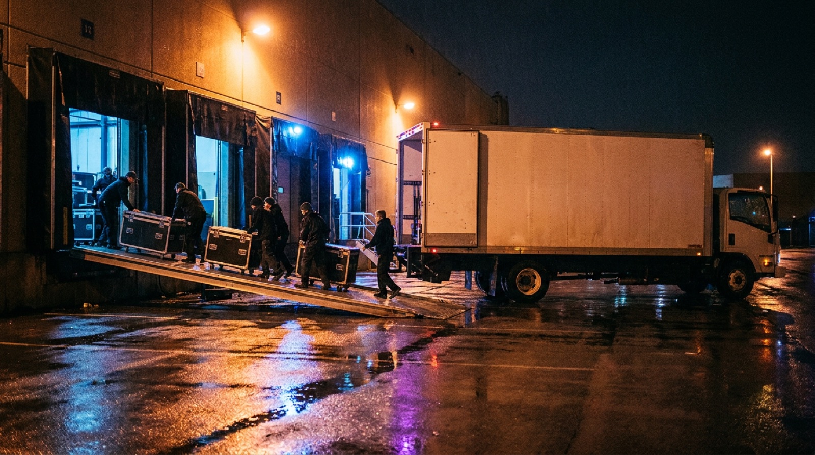 Crew rolling road cases across a loading dock at night under sodium light, a truck backed in behind them