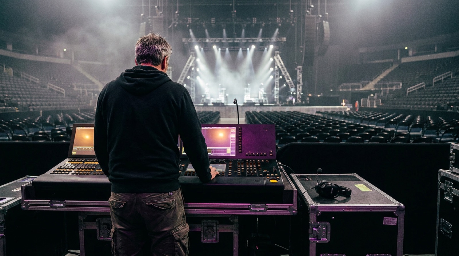 A lighting designer at a console in a dark arena, the stage glowing violet in the distance