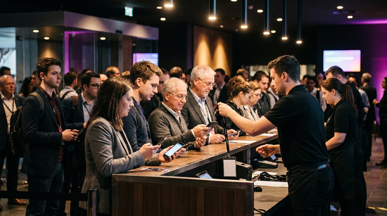 Attendees scanning in at a sleek registration desk under warm spot lighting in a dark lobby
