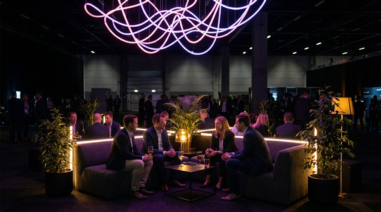 A neon-lit lounge inside a conference hall, attendees talking on low sofas under a glowing installation