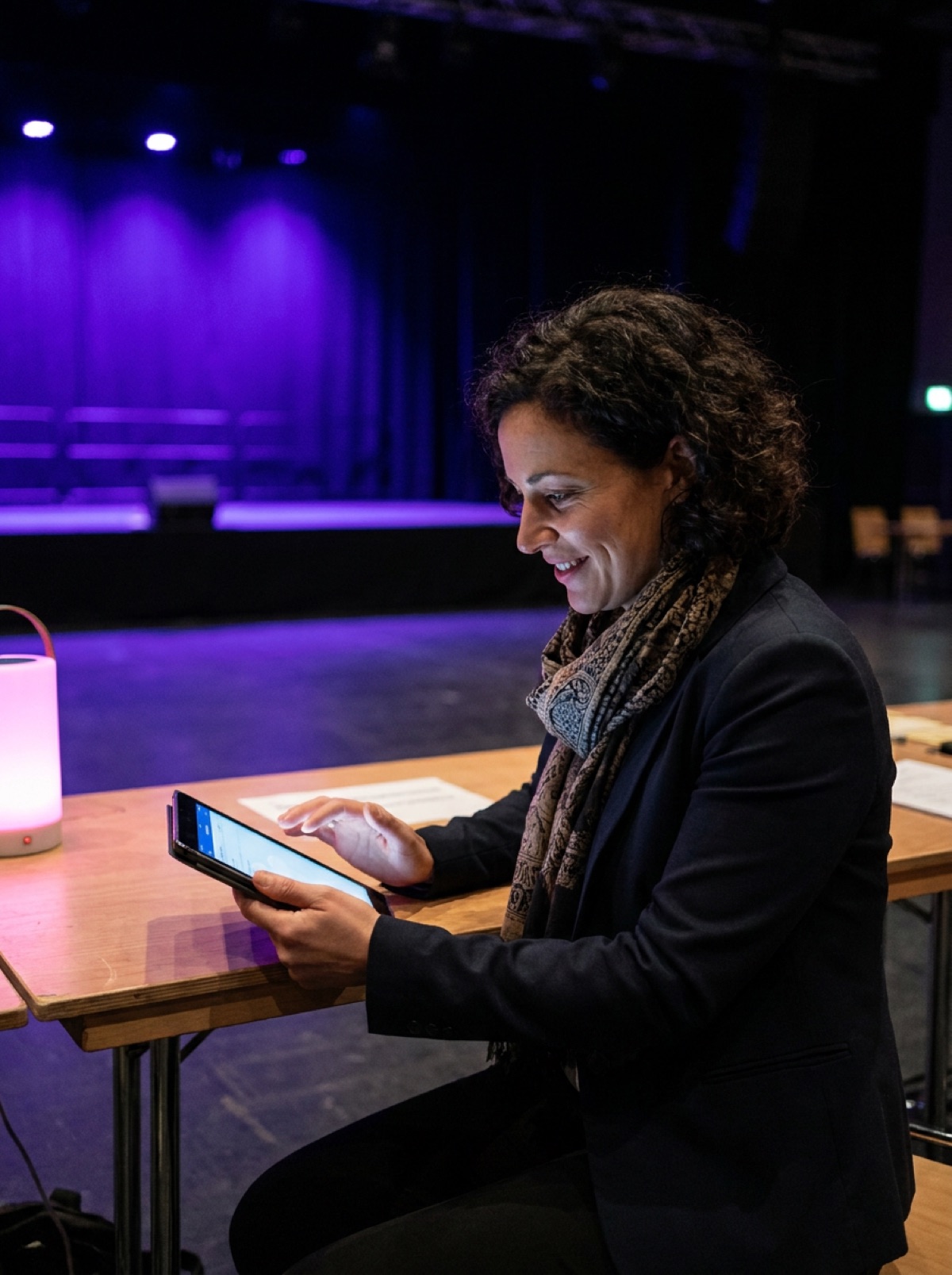 Dana Okonkwo-Reyes at a front-of-house desk, stage glowing beyond her