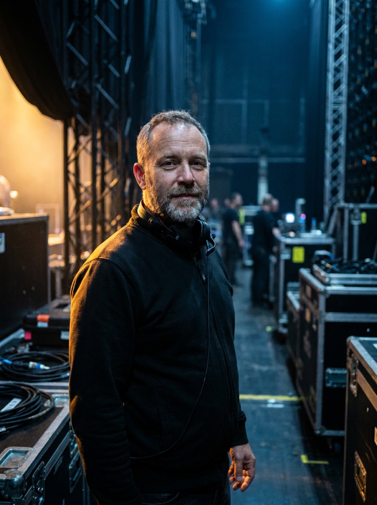 Theo Marchetti backstage, headset around his neck, stage light on his shoulder